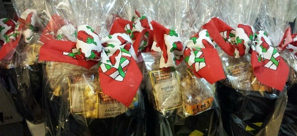 grouping of cellophane wrapped gifts